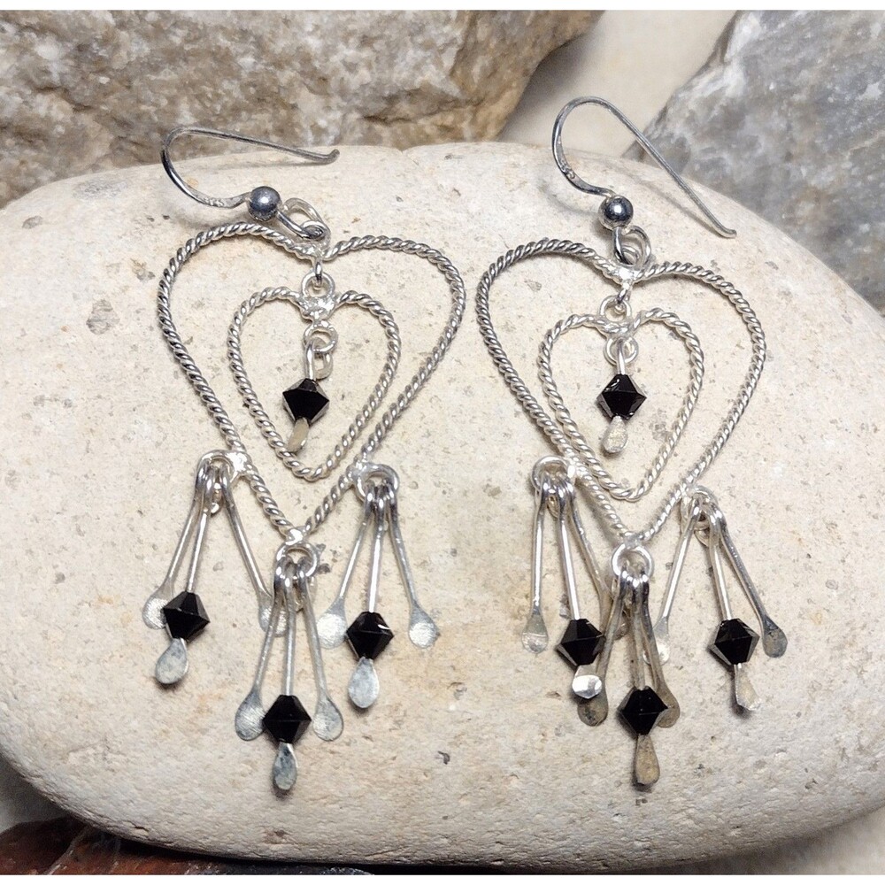 Vintage .925 Sterling Silver Rope Black Crystal Heart Dangle Earrings